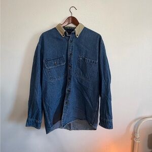 Denim button-up shirt with contrast tan collar